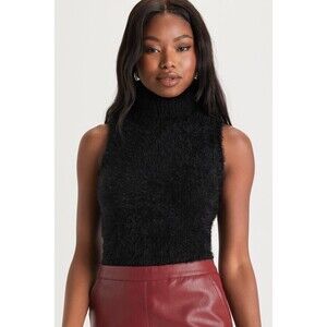 Lulus Undoubtedly Luxe Black Eyelash Knit Turtleneck Sleeveless Top - Size S